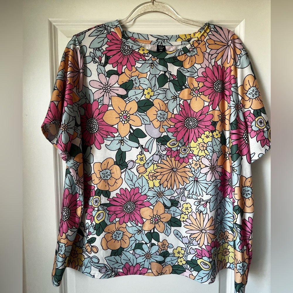 SHEIN Multicolor Floral Short Sleeve Top - Pink, Yellow, Orange, Green